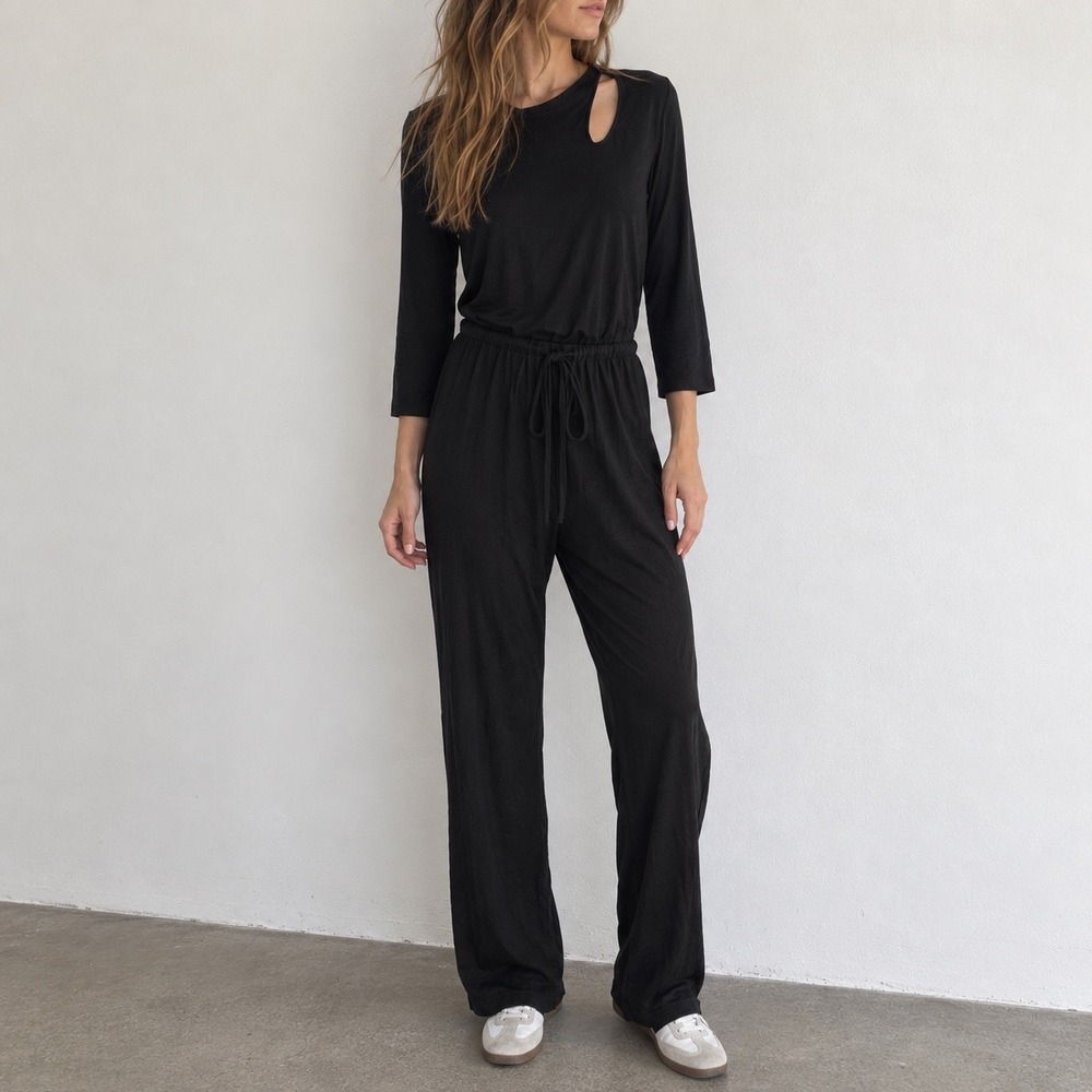 Krisa Black Knit Drawstring Jumpsuit Cut Out Neckline XS Minimalist Casual
